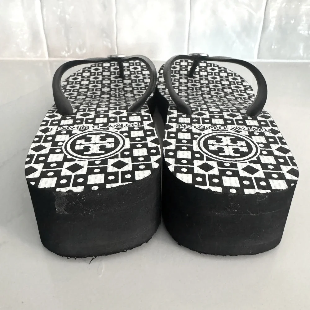 Tory Burch Wedge Flip Flop Sandals Women 9 Black White Geometric Thin Platform